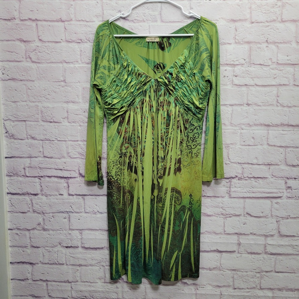 One World Boho Green Tropical V-Neck Mini Dress M‎ Smocked Fairycore Whimsigoth